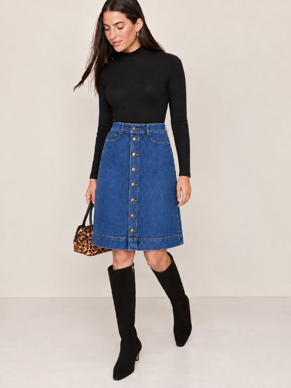 Ann Taylor Denim Midi Skirt Medium Wash Tortoiseshell Button Front NWOT